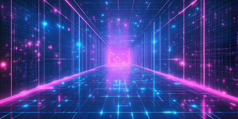 Obraz premium Futuristic neon tunnel with glowing pink and blue grid lines, creating a high-tech cyber corridor with depth and perspective