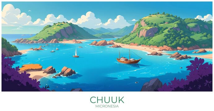 Chuuk Micronesia Travel Poster Flat Illustration Print Decor Gift Canvas Wall Art