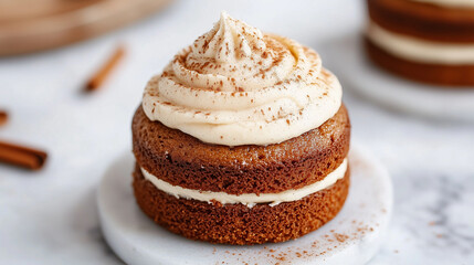A mini spiced carrot cake with cream cheese frosting piped elegantly on top and a dusting of cinnamon, clean background