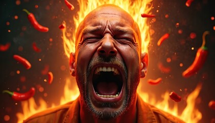Man screams, face engulfed in flames with flying hot chili peppers. Pain eating spicy food, burning sensation, fiery flavor, intense heat. Vibrant photo, great for culinary themes, food challenges,