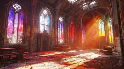 Obraz premium A grand but decaying church interior, where colorful sunlight streams through dusty stained glass.