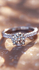 Diamond engagement ring on a shimmering fabric background.