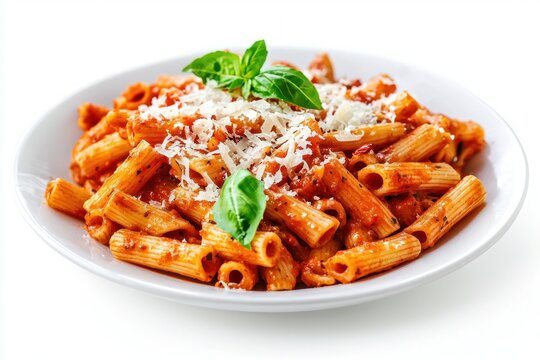 Delightful plate of appetizing penne arrabiata with basil leaves italian cuisine on a white platter