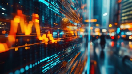 Obraz premium data stream cityscape night technology financial market