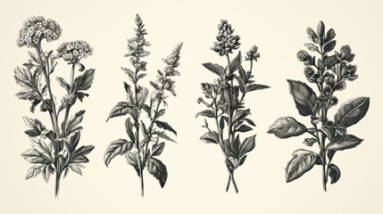 Ornate floral and herbal plant illustrations in classic vintage etching style.