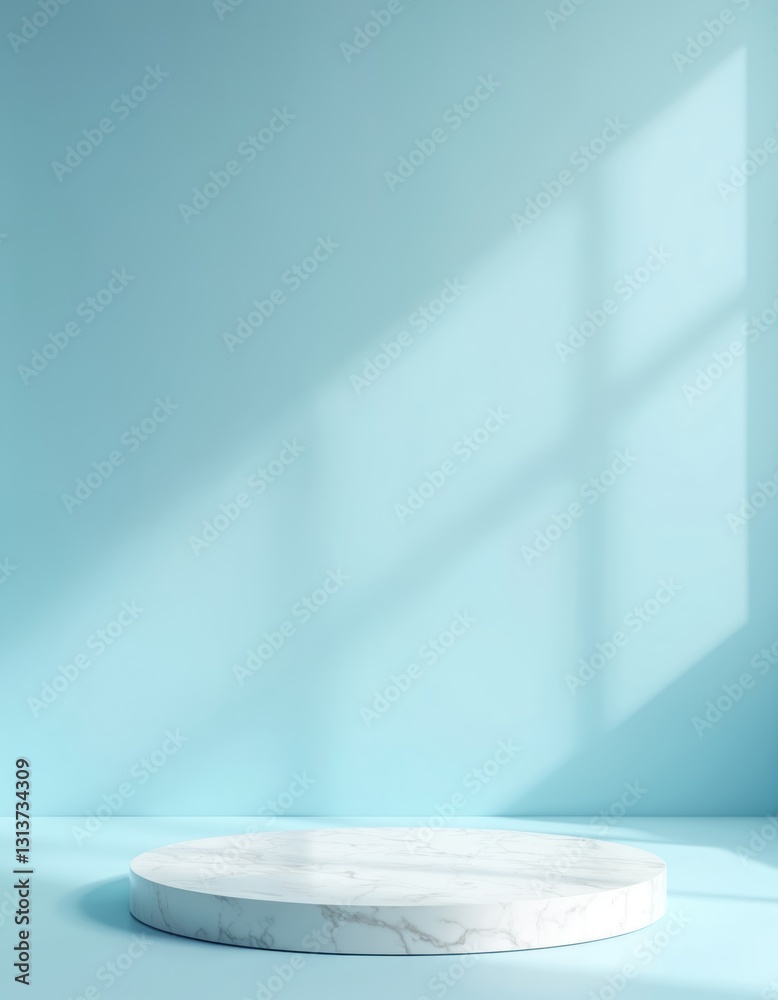 Aufkleber minimal studio shot featuring marble podium stage on soft blue background with window shadow. round 