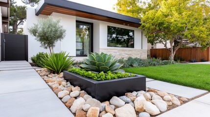 A modern front yard landscape with a low-maintenance xeriscape design, showcasing succulents, gravel, and natural desert elements.