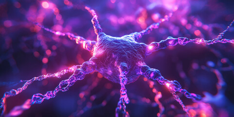 Close-up of a futuristic neuron with glowing pink and purple synapses, depicting artificial intelligence, neural networks, and biotechnology.