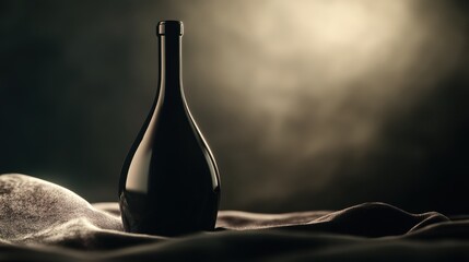 A luxurious dark glass wine bottle with a smooth, rounded design, placed on a velvet surface under soft lighting.