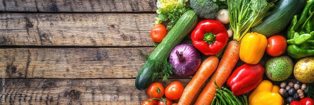 Fototapete fresh assortment of colorful vegetables arranged on rustic wooden table for healthy meal preparation