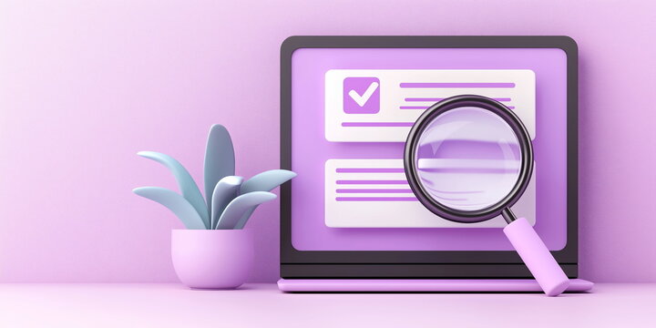 3D Digital Search and Online Research Concept with Laptop, Magnifying Glass, and Checklist on Pink Background