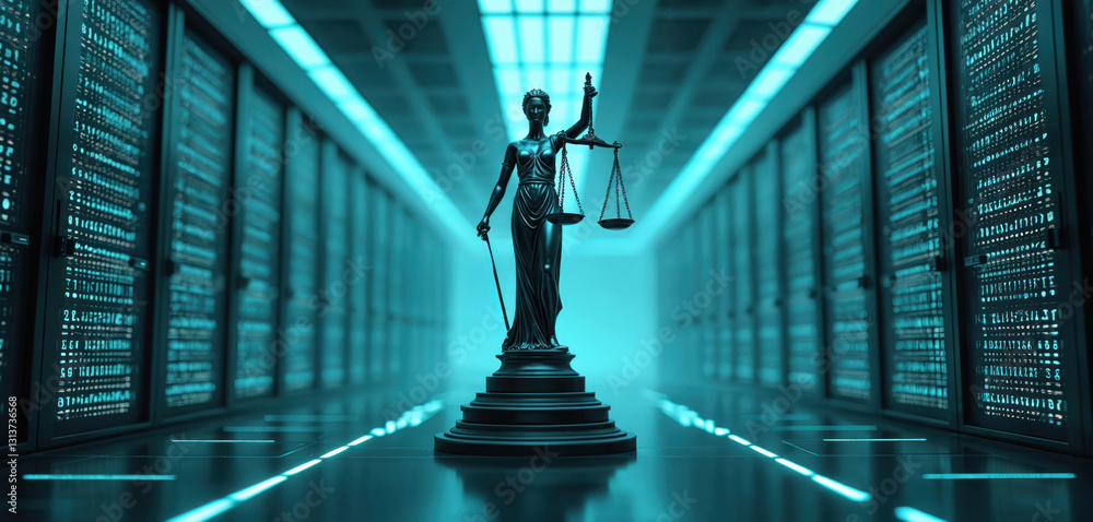 Aufkleber Digital justice representation featuring scales in high tech server room environment. Symbol of law, technology, balance in datum age. Modern architecture design, abstract light, order, security,