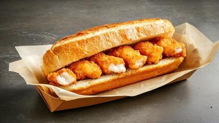 Golden fried mozzarella cheese sticks served in baguette on paper liner in modern style