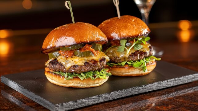 Delicious beef sliders gourmet burgers piled with cheese and pickles on a slate plate in a restaurant - Powered by Adobe