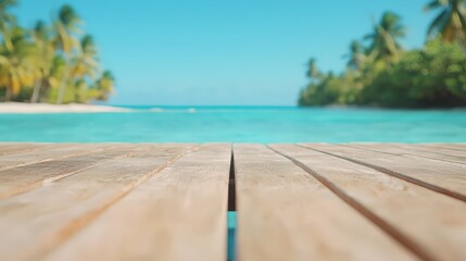 Fototapeta premium wooden boardwalk leading to a tropical beach, clear turquoise water and palm trees in the background, bright natural light,