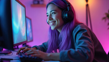 Enthusiastic streamer girl with purple hair plays online video game in cyberspace. Young woman, neon lights, headphones, multiple monitors, keyboard, smiles, enjoys gaming success, hobby, esports