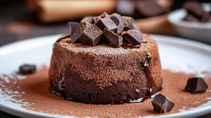 A molten lava chocolate overload cake with a gooey chocolate center, dusted with cocoa powder and topped with chocolate chunks, clean background