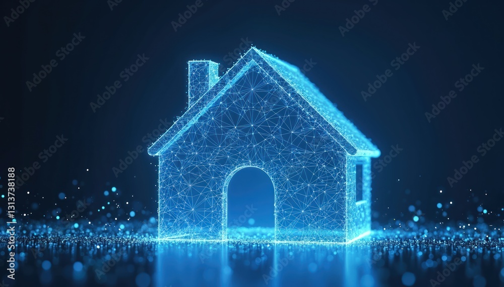 Poster abstract polygonal house building as business symbol in low poly wireframe mesh. flying debris repre