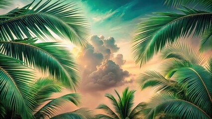 Fototapeta premium Serene Tropical Sunset Lush Palm Fronds Frame a Dramatic Sky with Vibrant Hues and Fluffy Clouds