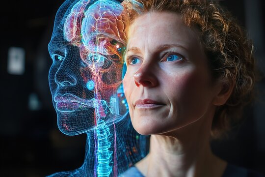 A digital twin of a human body displayed in holographic form, personalized medicine adjusting treatments in real-time