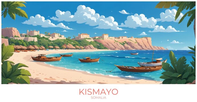 Kismayo Somalia Travel Poster Flat Illustration Print Decor Gift Canvas Wall Art