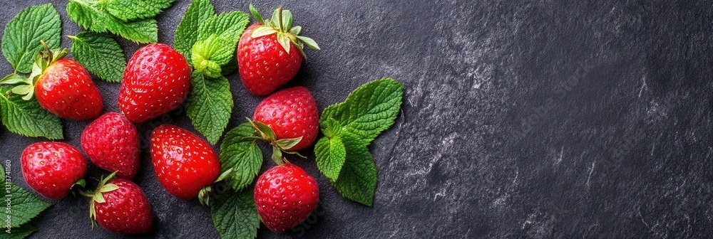 Aufkleber Fresh strawberries and mint leaves arranged on dark stone surface for culinary presentation and recipe ideas Generative AI