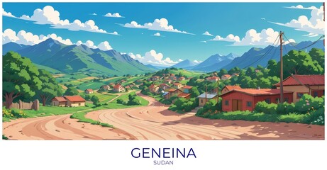 Geneina Sudan Travel Poster Flat Illustration Print Decor Gift Canvas Wall Art