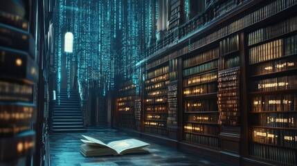 A sleek digital library with interactive books and bright binary code streaming across a holographic interface.