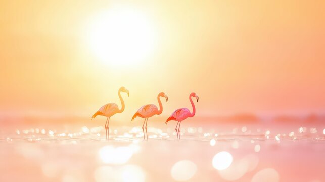 flamingos standing on a sandy beach at sunset, warm golden light, serene and picturesque,