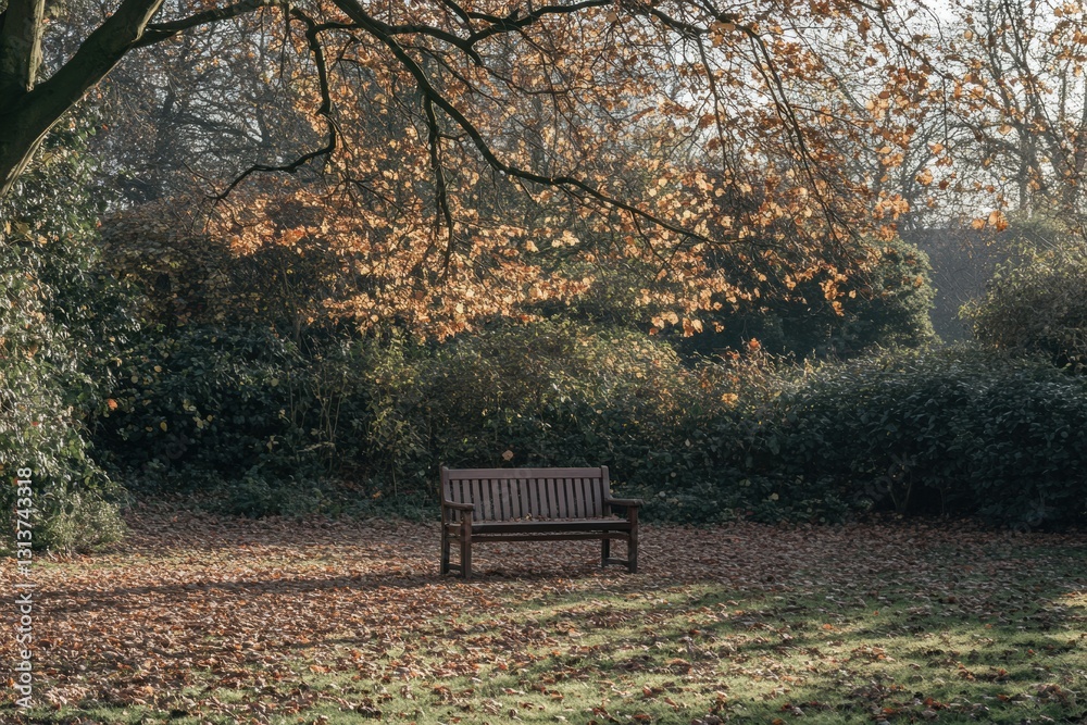 Poster solitary bench under a tree in a peaceful park surrounded by autumn leaves and soft light generative
