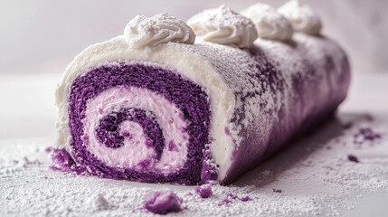 A Ube roll cake with a soft purple yam sponge rolled around a velvety ube halaya and whipped cream filling, dusted with powdered sugar, clean background
