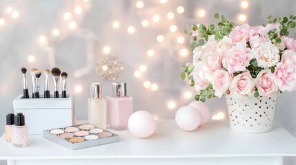 Elegant table display with makeup products and fresh flowers ready for a stylish getting ready experience