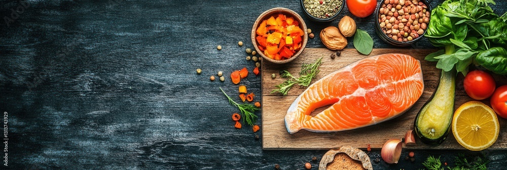 Aufkleber fresh salmon fillet with colorful vegetables and nuts arranged on wooden cutting board in kitchen se