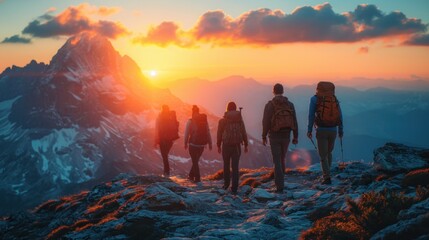 Group of Hikers Standing on Mountain Peak at Sunrise Celebrating Team Success