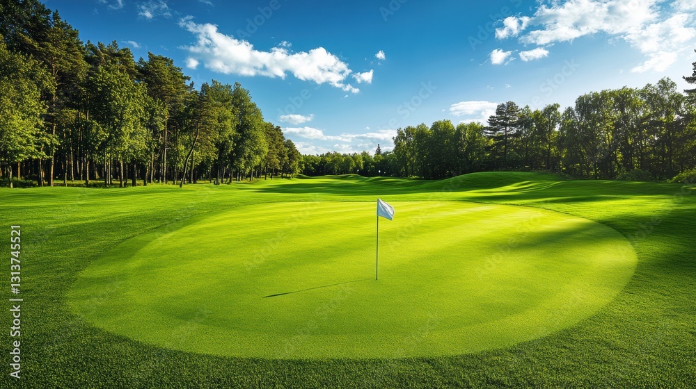 Aufkleber serene golf course with rolling hills and flag marking hole in bright daylight creating peaceful gol