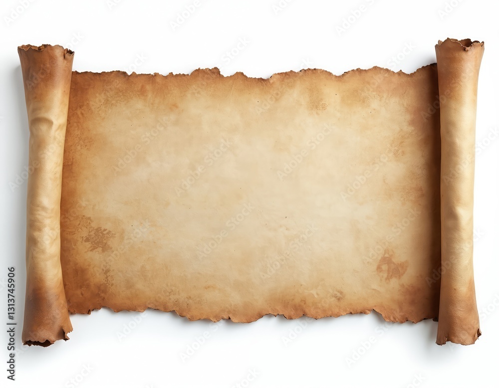 Poster Old parchment paper sheet on white background. Horizontal antique scroll with rough edges. Beige grunge papyrus texture with copy space for vintage map or message.