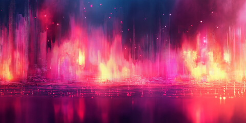 A pixelated cyberpunk city engulfed in fiery neon hues, blending glitch effects with futuristic digital aesthetics in a surreal, high-tech landscape.