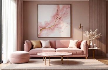 Modern living room interior with pastel pink marble texture and gold accents. Sunlight through window on comfortable sofa and table. Stylish home apartment design with contemporary artwork.