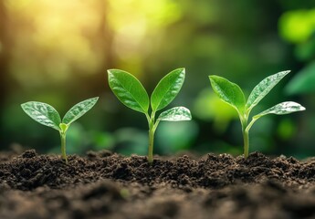 Fototapeta premium Three Stages of Seedling Growth in a Lush Garden with Soft Sunshine and Earthy Background Highlighting Nature's Renewal and Fresh Plant Life
