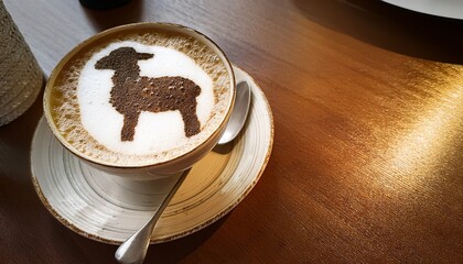 Obraz premium Coffee Shop Style Lamb. Latte art with lamb foam, elegant porcelain. Chic, cozy, Easter coffee design