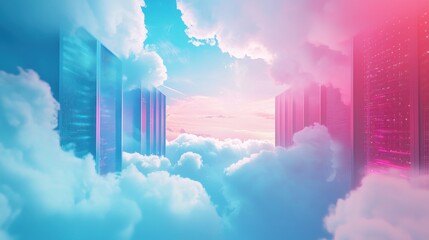 Fototapeta premium Server racks amid fluffy clouds against a pastel sky creating a dreamy data center conceptual design