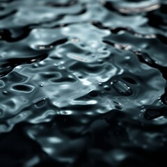 Dark liquid surface, abstract ripples, reflective texture, close-up shot, fluid motion, deep shadows, glossy sheen, dynamic pattern, liquid metal effect, moody water