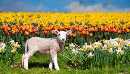 Obraz premium Lamb in Flower Meadow. Spring landscape with lamb on background of blooming daffodils. Pastoral, idyllic, spring scenery