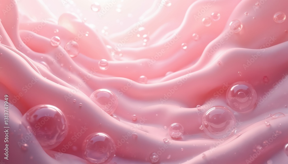 Aufkleber Abstract soft pink wavy background with transparent bubbles. Glossy smooth texture with spheres. Generative AI illustration for gentle feminine designs cosmetic product demo displays. Good for beauty