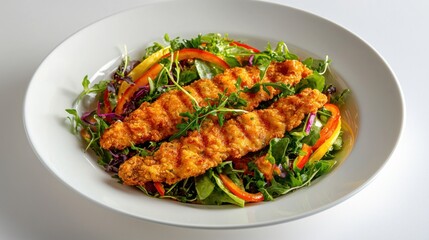 Appetizing crispy chicken strips served on a fresh green salad with colorful bell peppers and herbs in a stylish white bowl