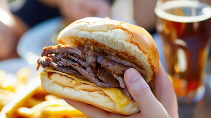 Close-up of a hand holding a juicy beef sandwich with melted cheese, accompanied by fries and beer