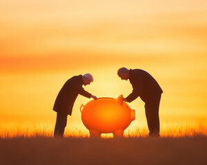 Elderly couple placing coin in large piggy bank during sunset, symbolizing savings and financial planning. warm colors evoke sense of hope and togetherness
