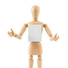Wooden mannequin figure holds a blank sign