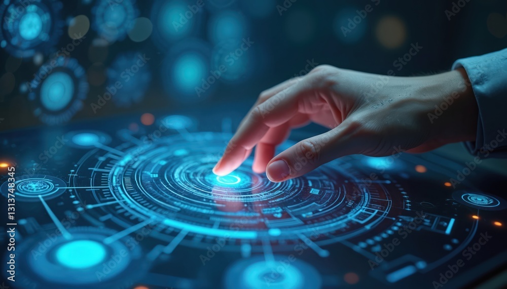 Aufkleber Hand touches glowing futuristic interface with digital holographic tech concept. Woman interacts with hud control panel. Digitalization, augmented reality, big data, cybersecurity, artificial