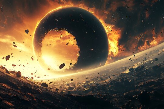 Burning planet explosion in space; cosmic, apocalyptic background; for sci-fi visuals